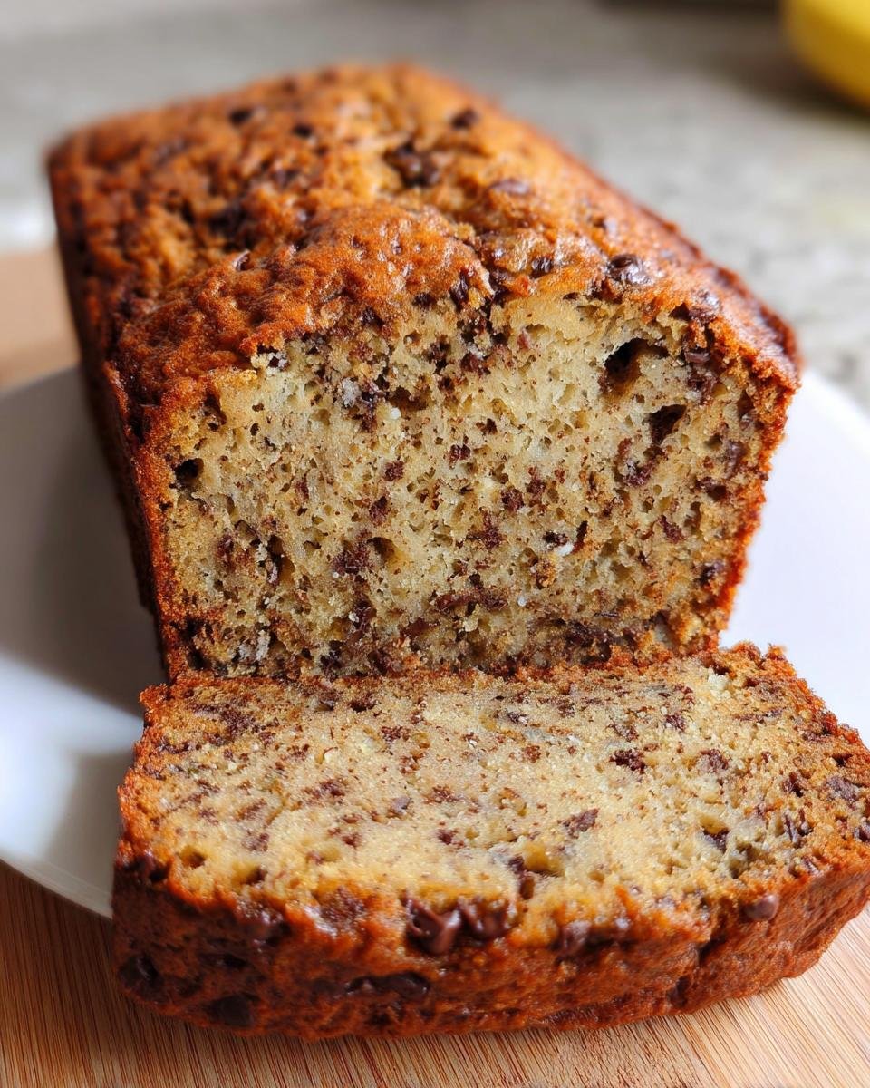 Close-up of a slice of perfectly moist banana bread recipe loaded with chocolate chips.