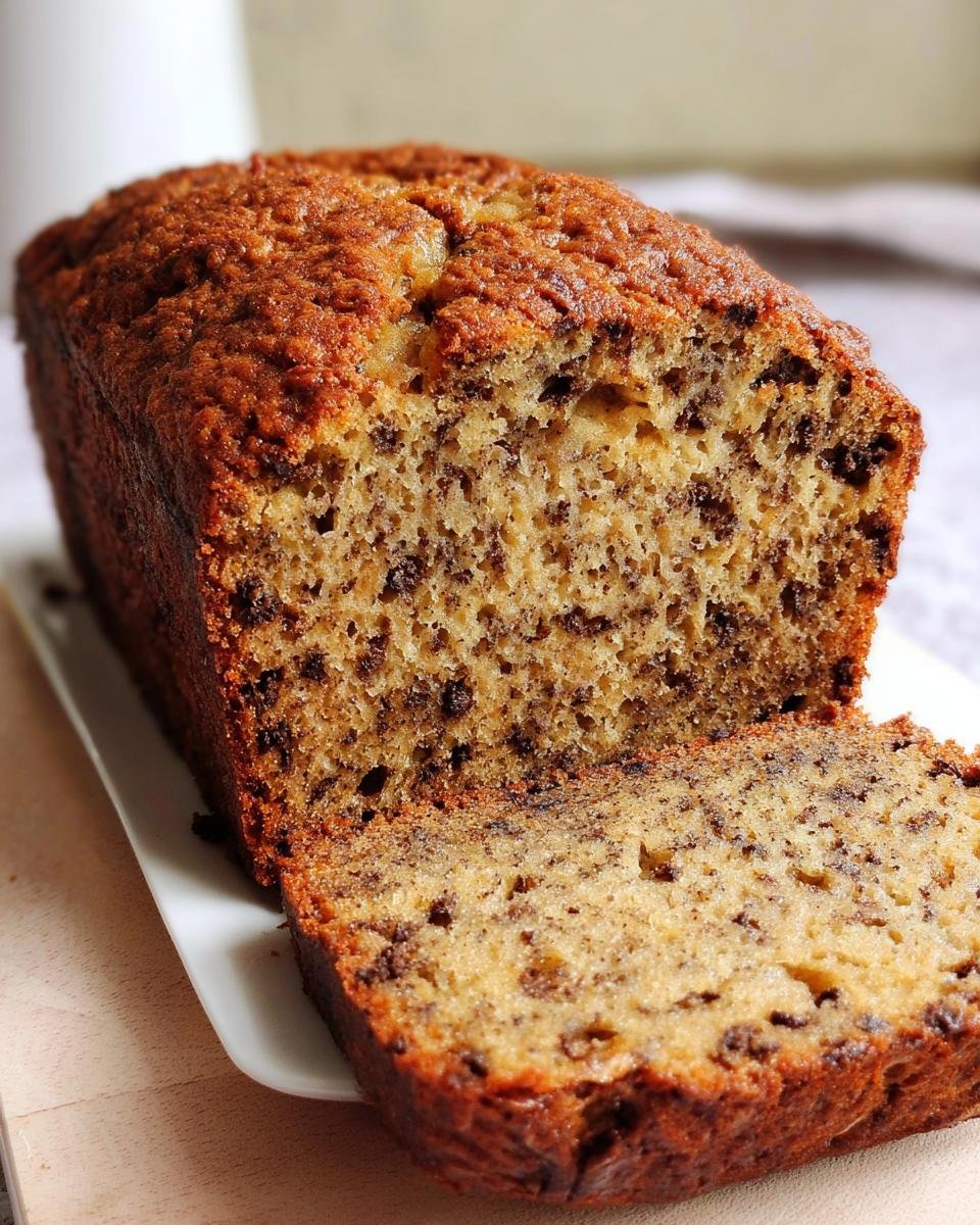 A slice of perfectly moist banana bread with chocolate chips on a white plate.