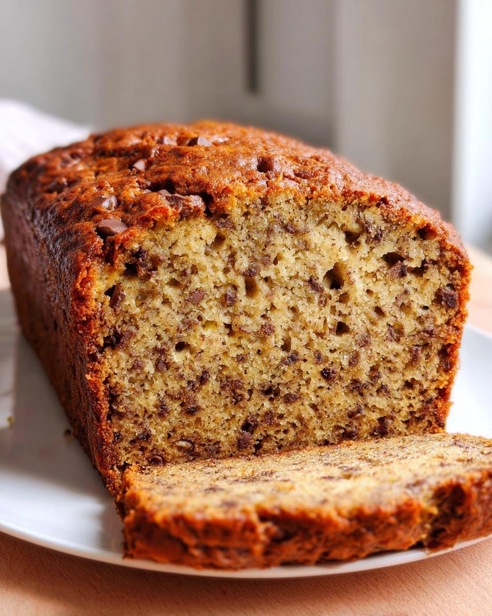 A close-up of a slice of perfectly moist banana bread with chocolate chips, revealing its tender crumb.