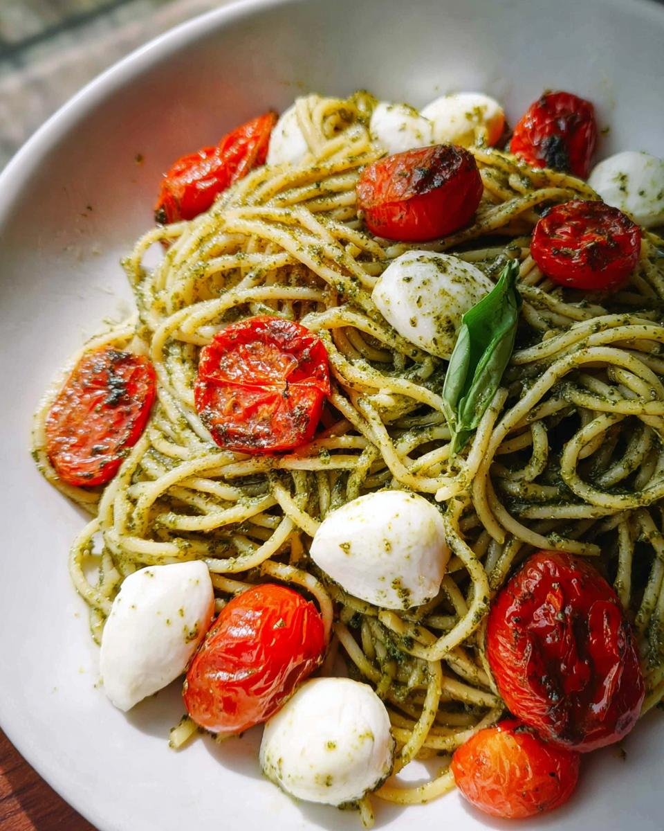 Close-up of Pesto Pasta with Cherry Tomatoes Fresh, tossed in basil pesto with fresh mozzarella balls.