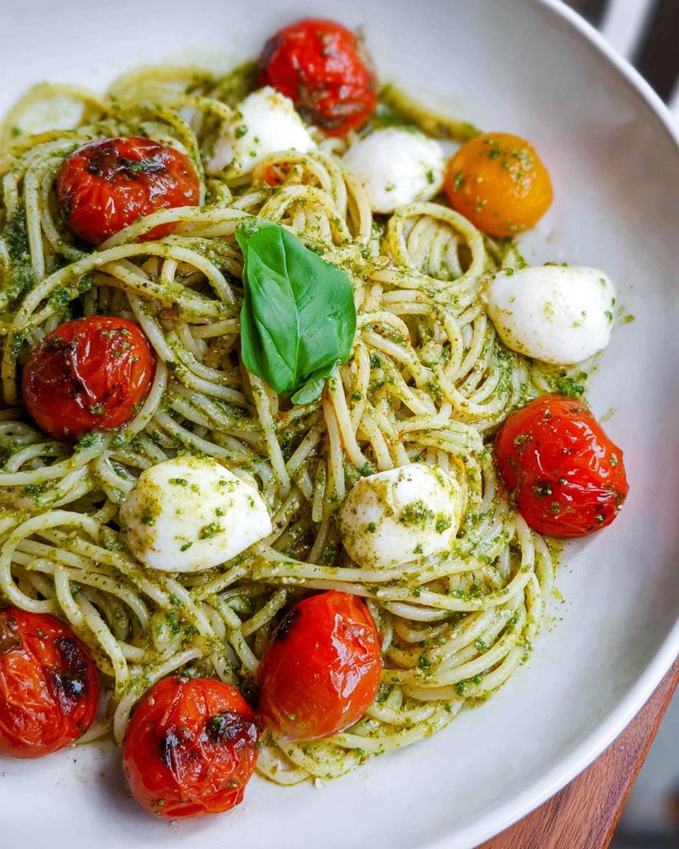 Close-up of Pesto Pasta with Cherry Tomatoes Fresh, mozzarella balls, and a basil leaf.