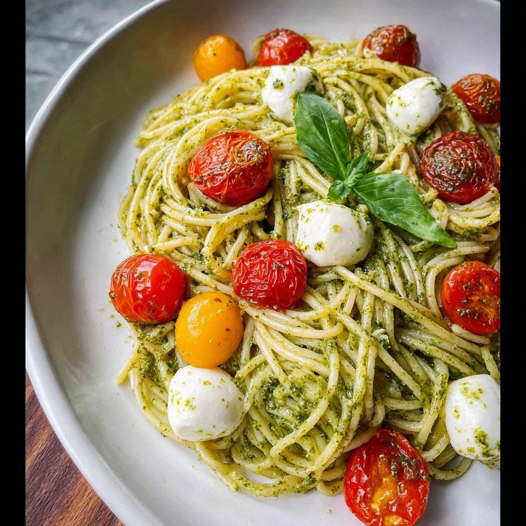 Close-up of Pesto Pasta with Cherry Tomatoes Fresh, small mozzarella balls, and a basil garnish.