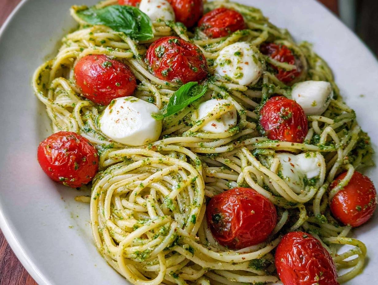 Close-up of Pesto Pasta with Cherry Tomatoes Fresh, tossed with mozzarella balls and basil leaves.