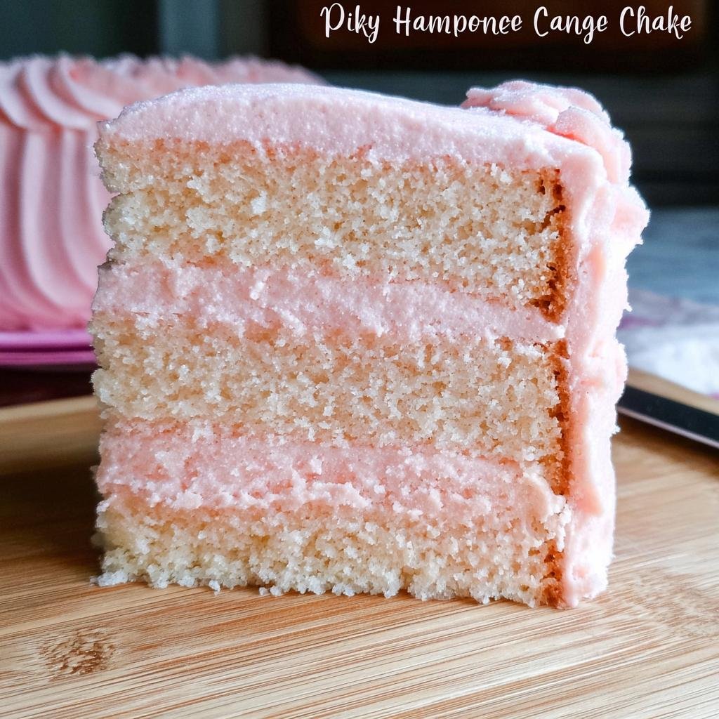 A close-up of a slice of Pink Champagne Cake, showing three layers of light cake and pink frosting.