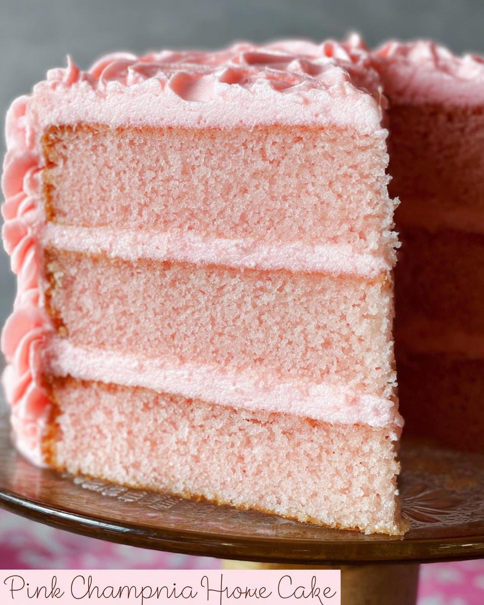 A slice of a three-layer Pink Champagne Cake, showing the fluffy pink cake layers and light pink frosting.