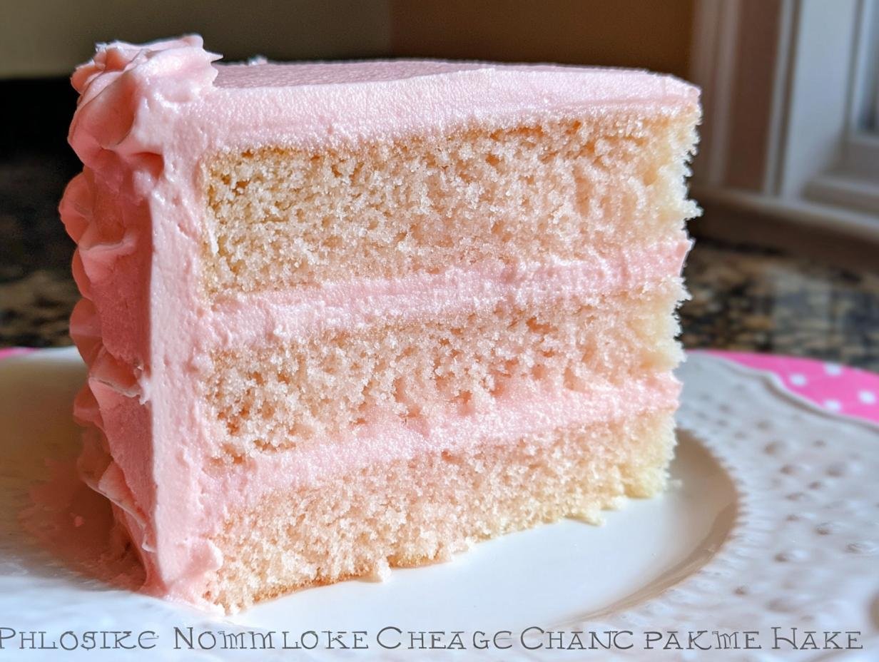 A close-up of a slice of Pink Champagne Cake, showing three layers of cake and two layers of pink frosting.