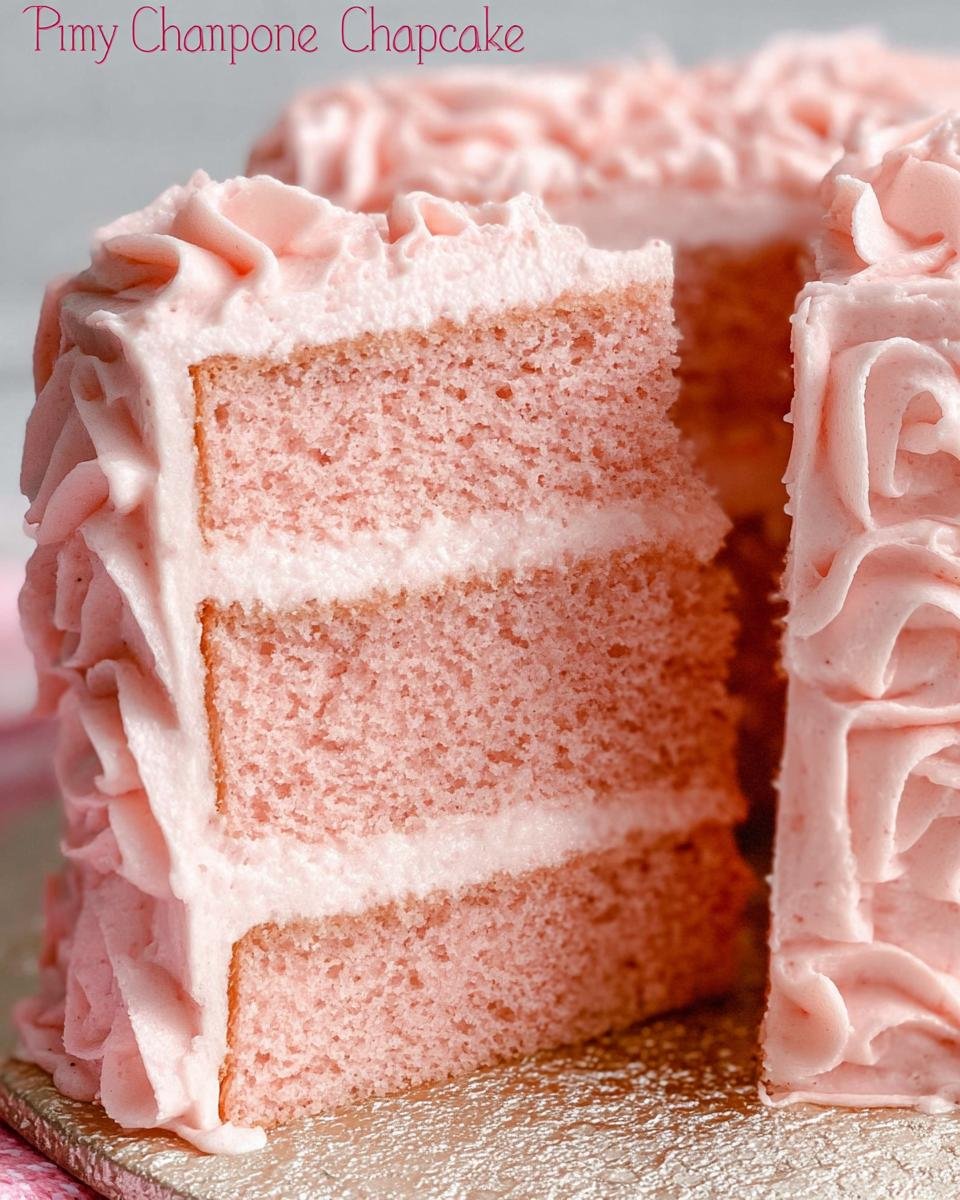 A slice of three-layer Pink Champagne Cake with delicate pink frosting and white filling.