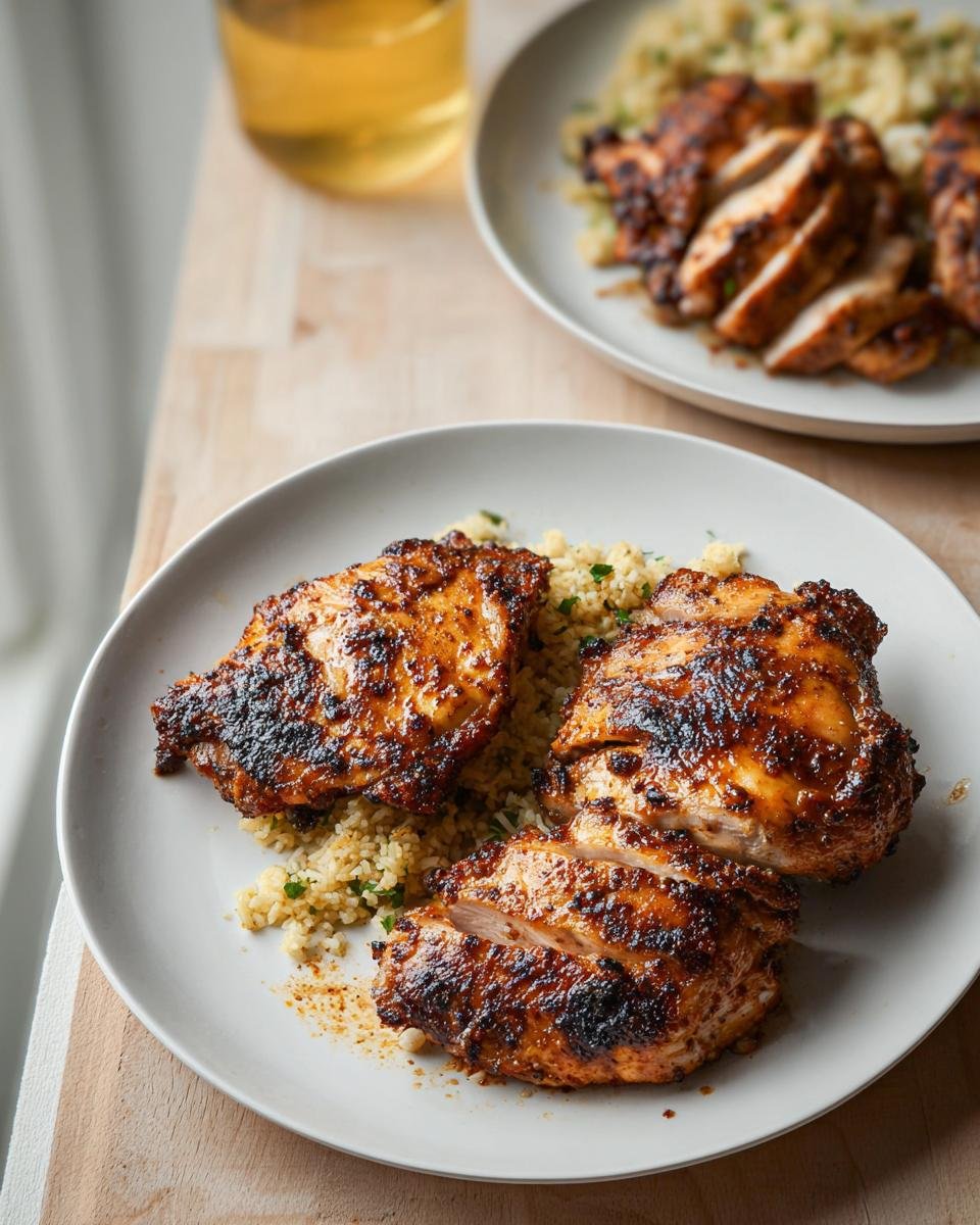 Close-up of Moroccan Spiced Chicken Thighs served over fluffy couscous on a white plate.