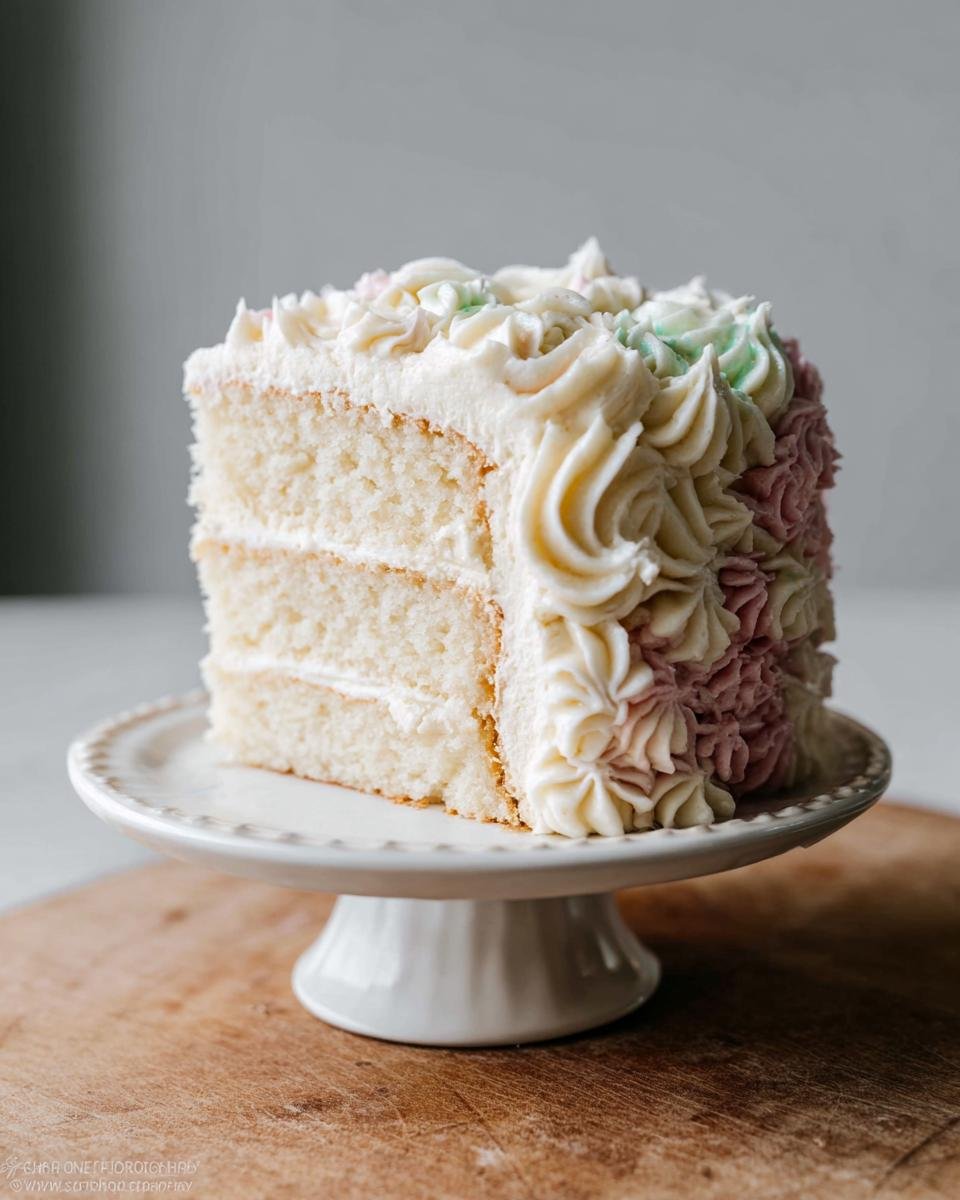 A slice of a pretty birthday cake with layers of white cake and vanilla frosting, decorated with pink and green frosting swirls.