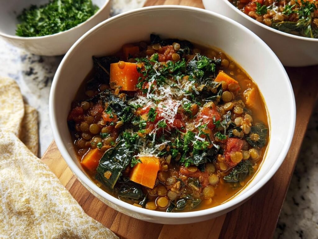 Close-up of a hearty Lentil and Vegetable Soup Protein Packed, topped with kale, sweet potato chunks, and grated cheese.
