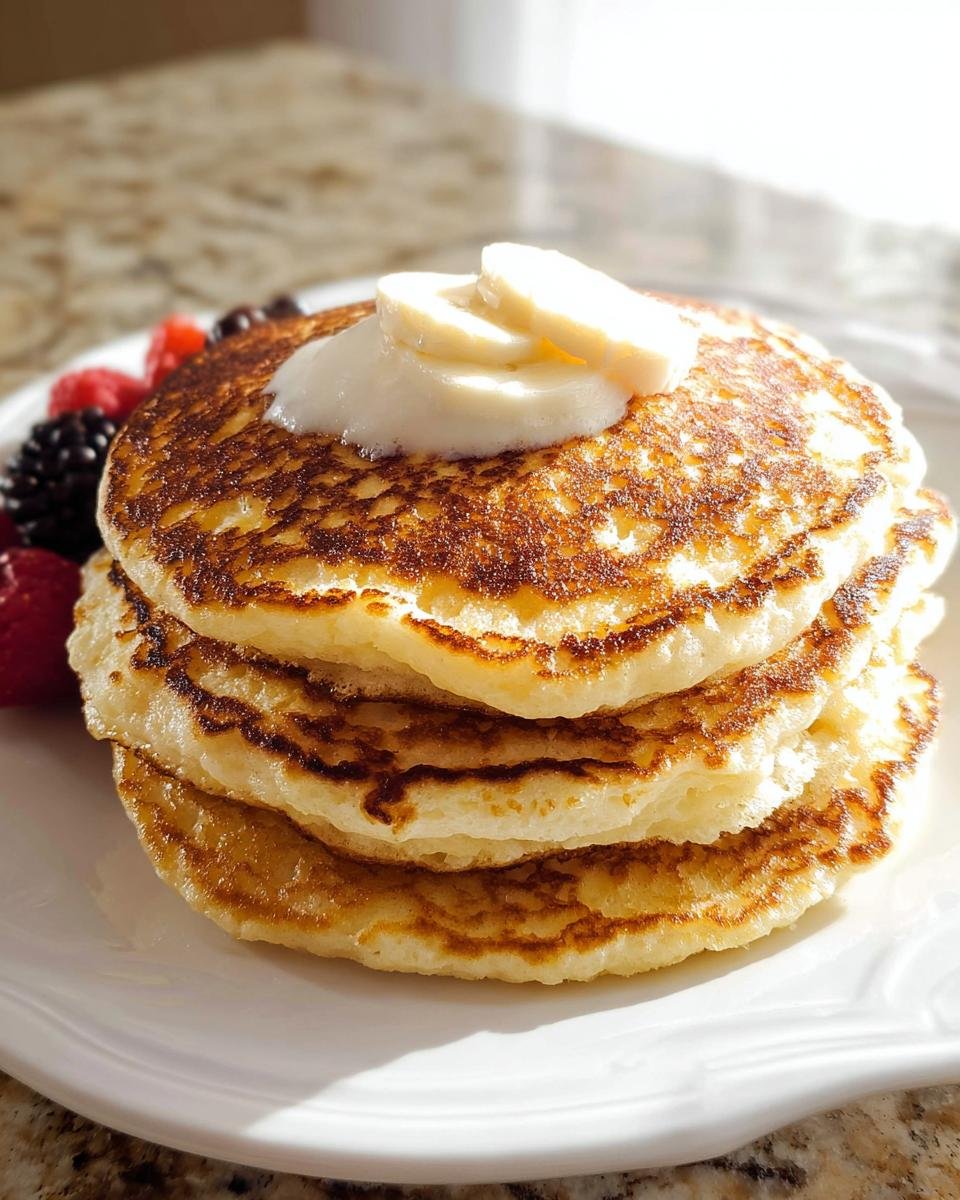 A stack of three fluffy Protein Pancakes Fluffy topped with yogurt and banana slices, served with berries.