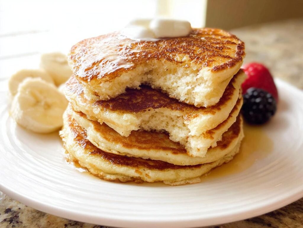 A tall stack of fluffy Protein Pancakes Fluffy drizzled with syrup, served with sliced bananas and berries.