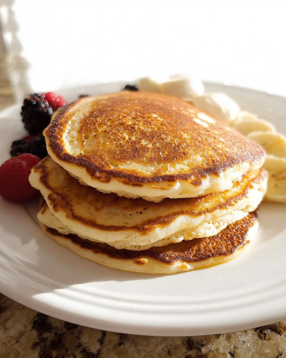 Close-up of a stack of three fluffy Protein Pancakes Fluffy served with fresh raspberries, blackberries, and banana slices.