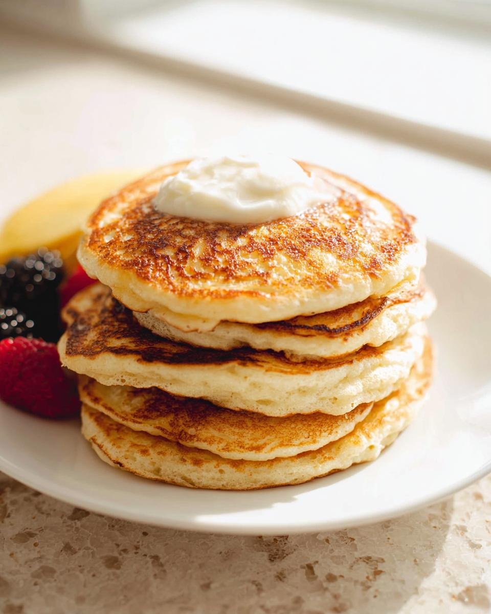 A tall stack of four fluffy Protein Pancakes Fluffy topped with a dollop of yogurt and served with fresh berries.