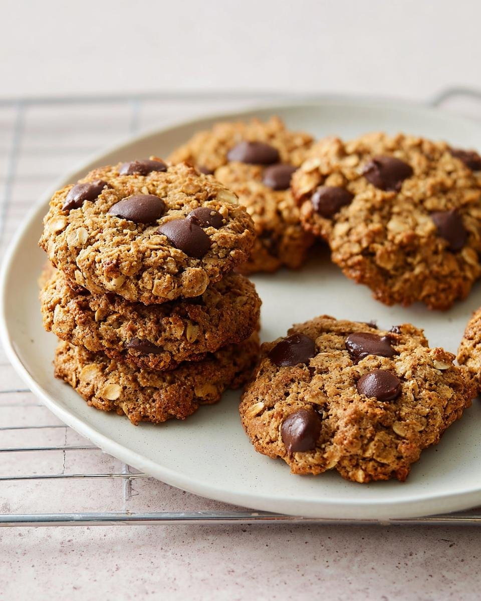 A stack and several individual Quick Chocolate Chip Cookies Ready Fast, featuring visible oats and melted chocolate chips on a light plate.