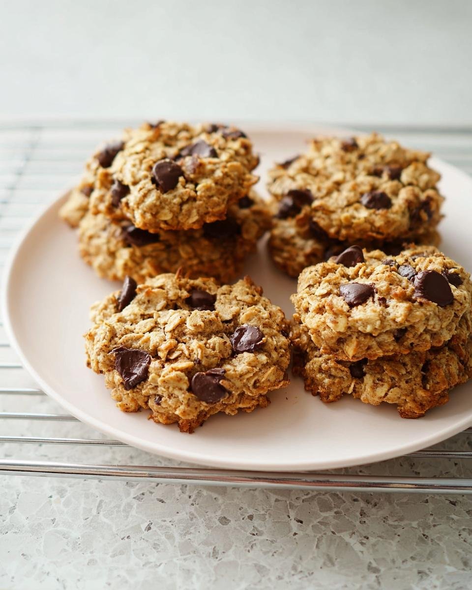 Several oatmeal chocolate chip cookies stacked on a light pink plate, ready to eat.