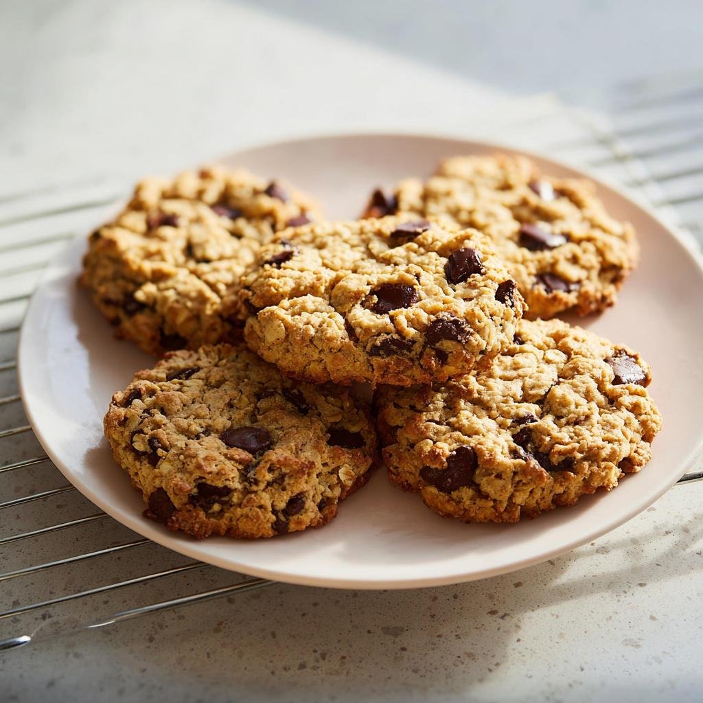 Five freshly baked oatmeal chocolate chip cookies piled on a light pink plate, representing Quick Chocolate Chip Cookies Ready Fast.
