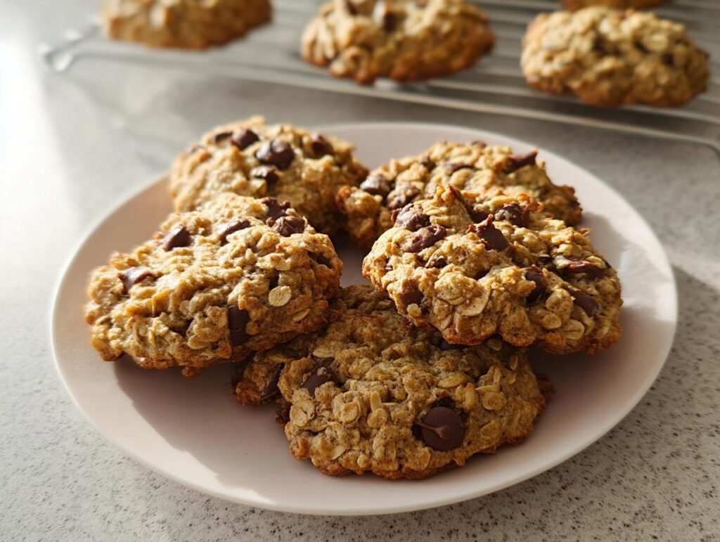 A plate piled with freshly baked Quick Chocolate Chip Cookies Ready Fast, featuring visible oats and melted chocolate chips.