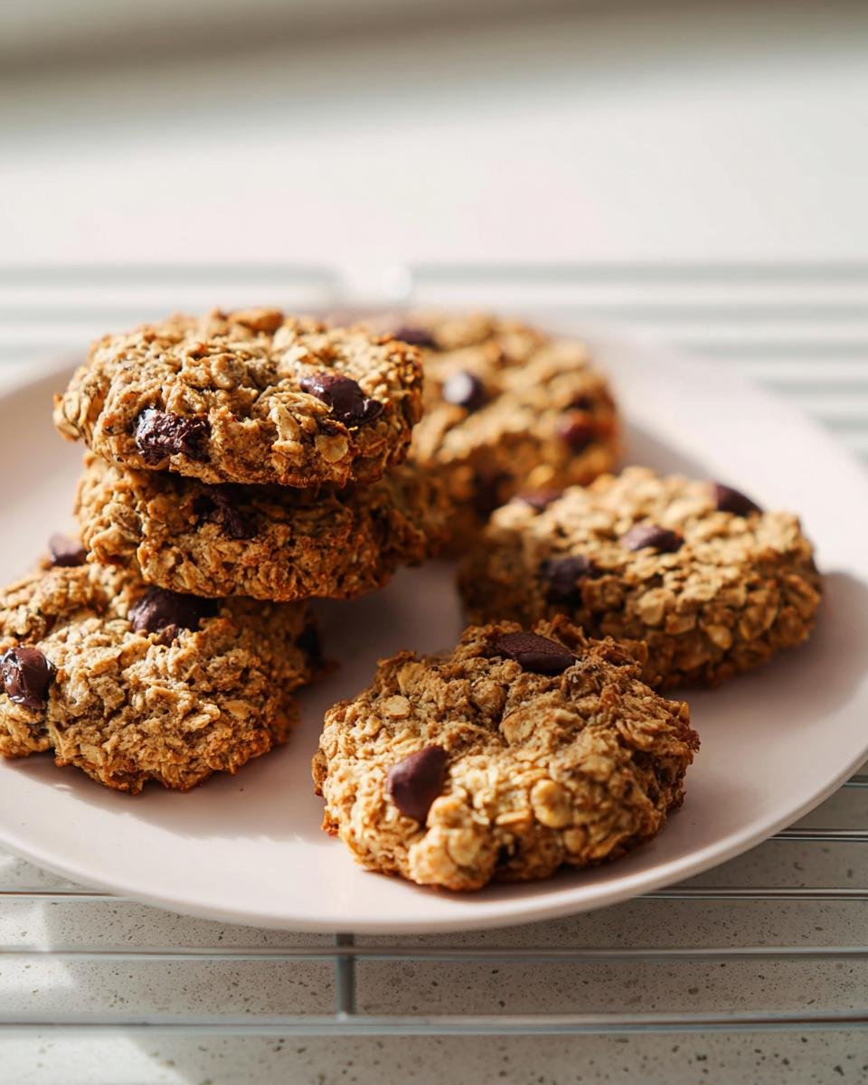 A stack and arrangement of oatmeal-based Quick Chocolate Chip Cookies Ready Fast on a light pink plate.