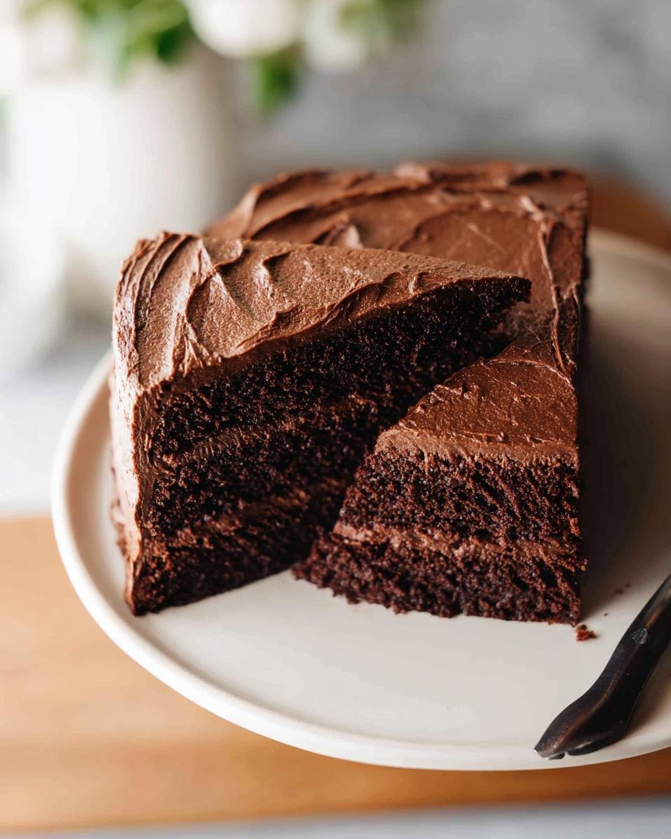 A decadent slice of rich chocolate cake with smooth chocolate frosting, showcasing its moist crumb.