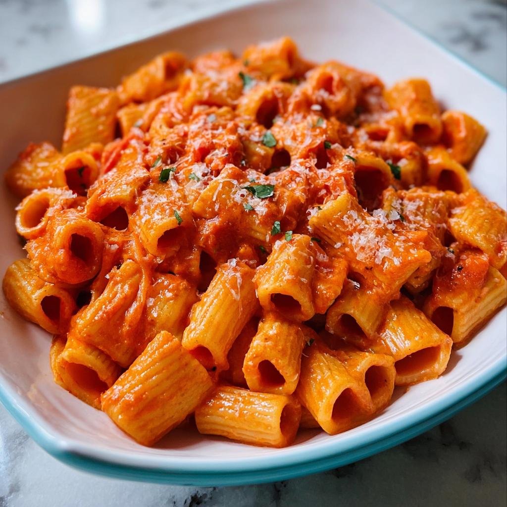 Close-up of Rigatoni alla Vodka Weeknight Upgrade coated in creamy pink sauce, topped with Parmesan and parsley.