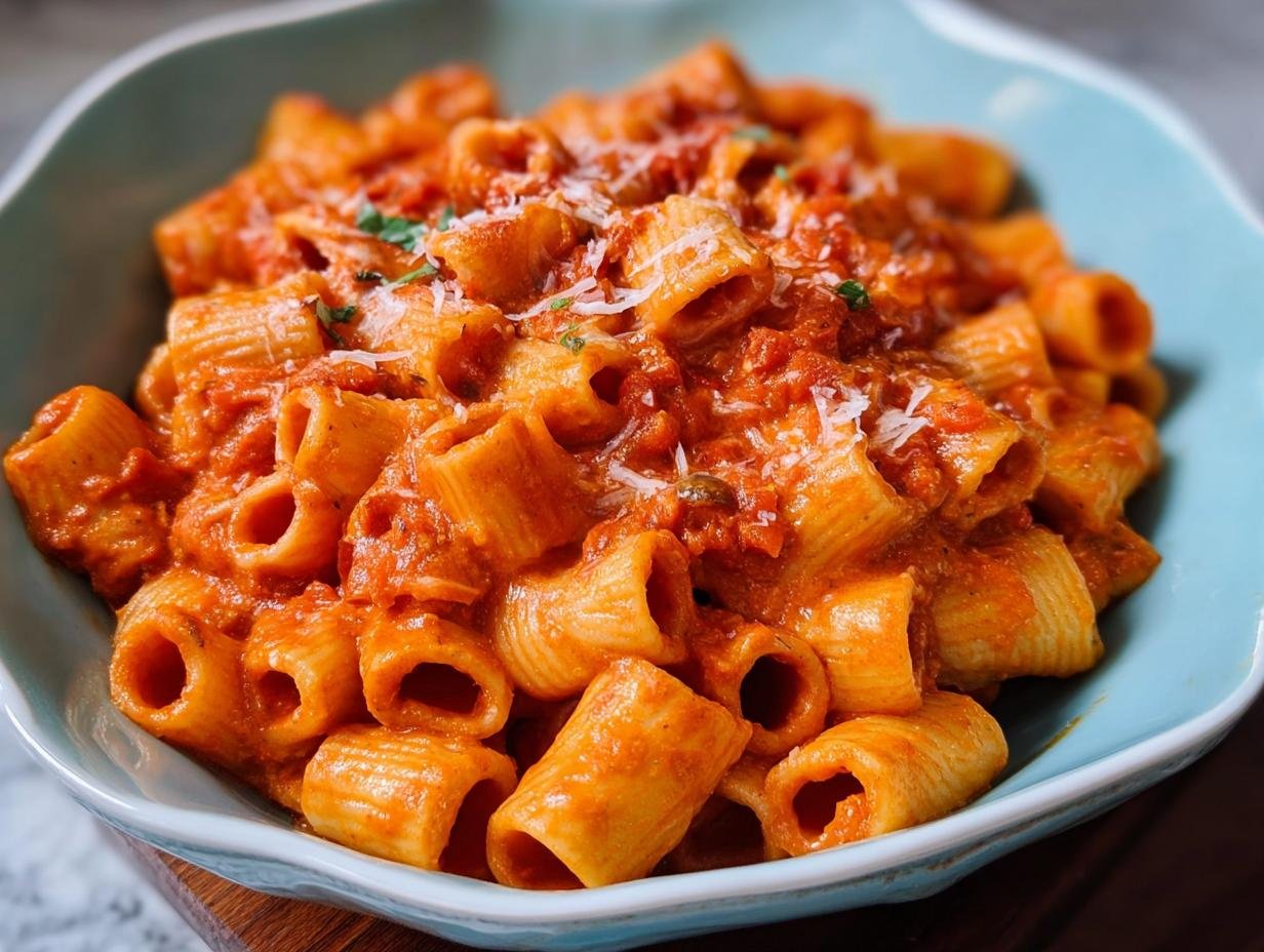 Close-up of Rigatoni alla Vodka Weeknight Upgrade coated in a rich, creamy pink sauce, topped with grated cheese.