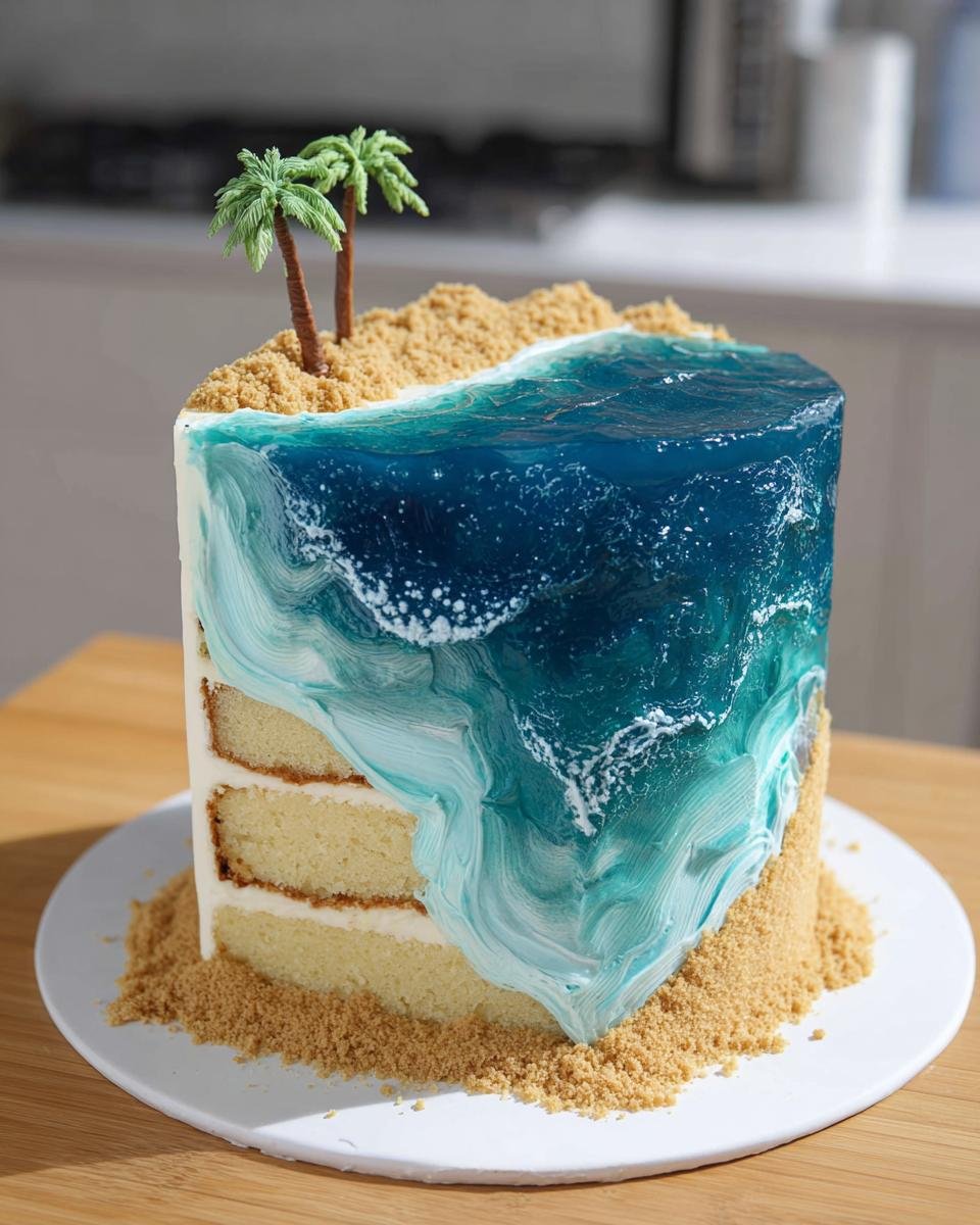 A slice of a sea inspired summer cake featuring a realistic ocean wave effect and sandy beach with palm trees.
