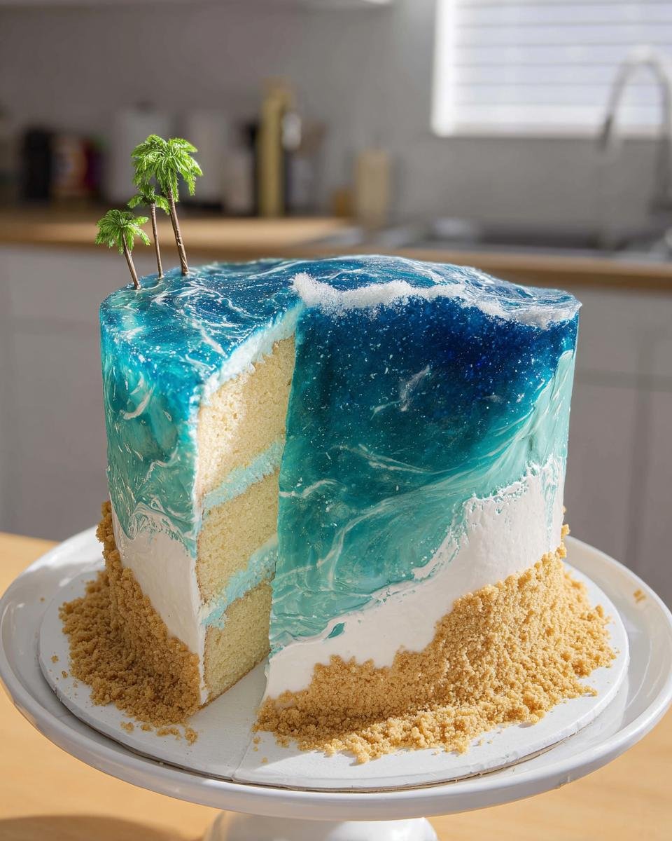 A slice of a stunning sea inspired summer cake, decorated with edible waves, sand, and tiny palm trees.