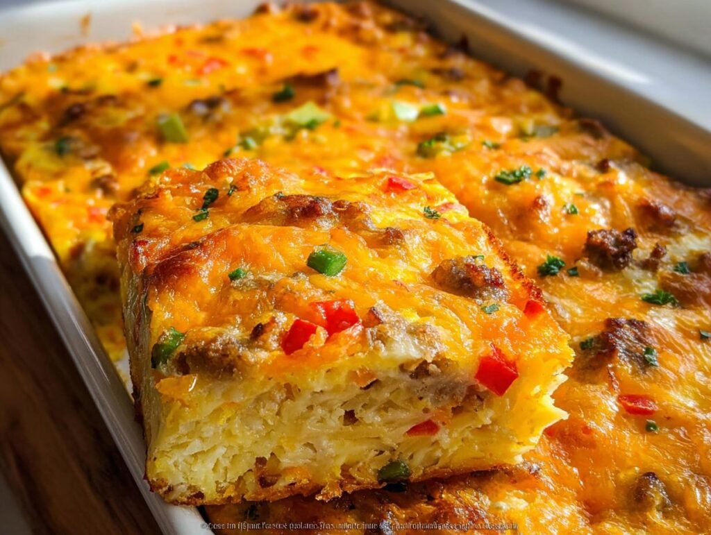 A square slice of baked sheet pan breakfast burritos filling, topped with melted cheddar cheese, sausage, and peppers.