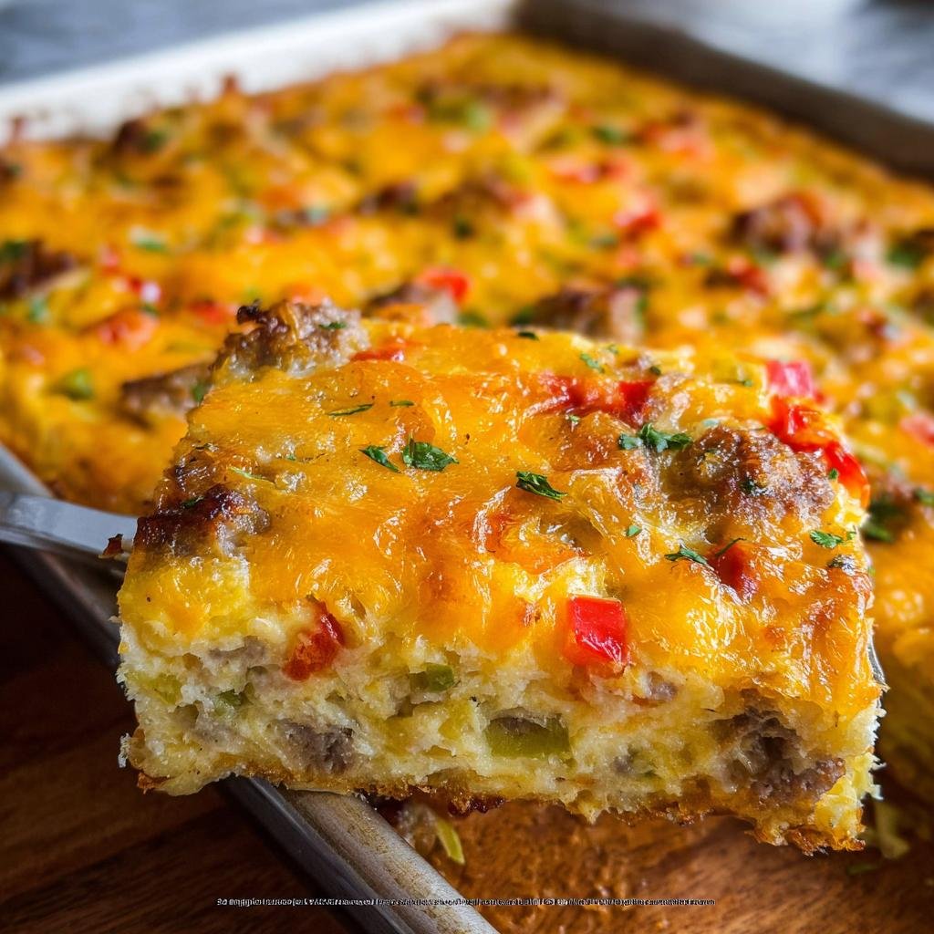 A close-up of a square slice of Sheet Pan Breakfast Burritos being lifted, topped with melted cheddar cheese, sausage, and peppers.