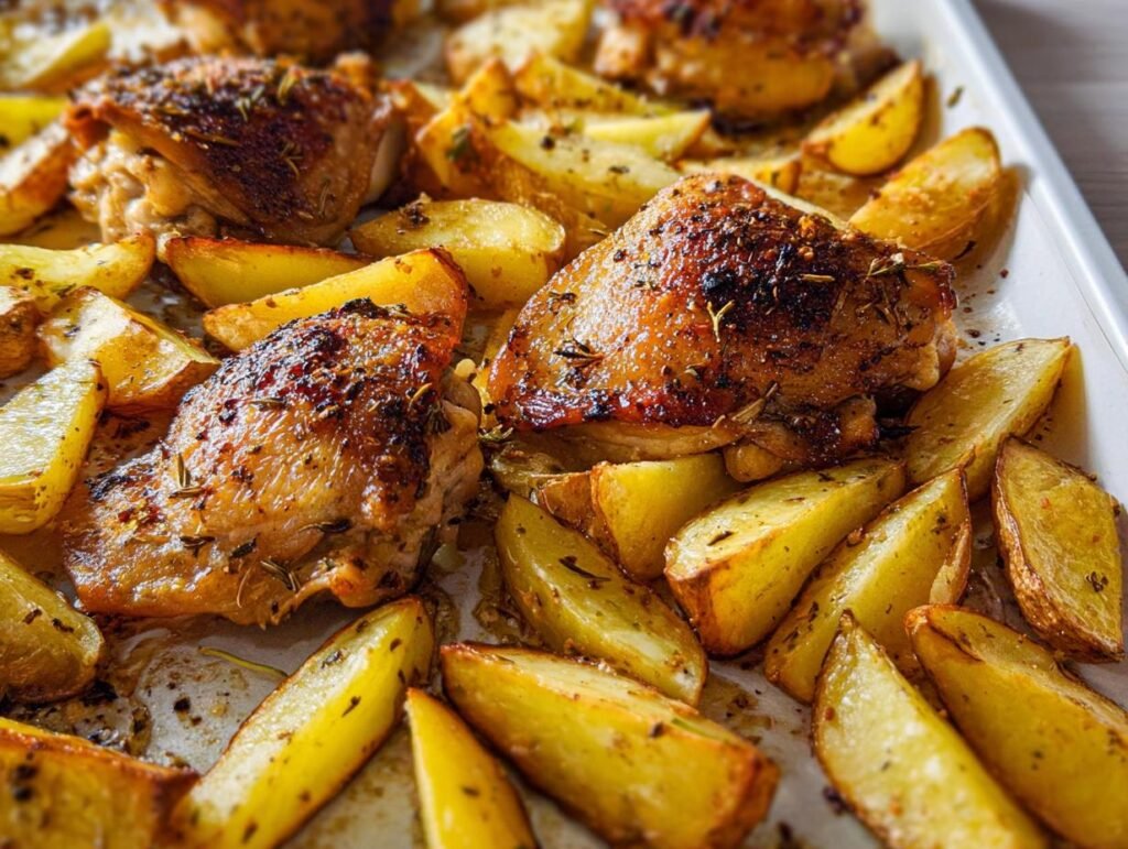 Close-up of crispy Sheet Pan Lemon Herb Chicken Thighs and Potatoes fresh from the oven.