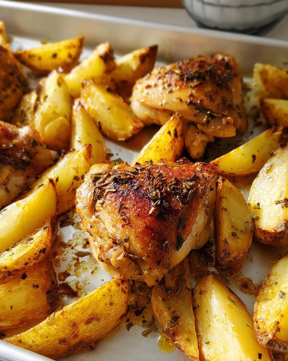 Close-up of golden brown Sheet Pan Lemon Herb Chicken Thighs and Potatoes on a baking sheet.