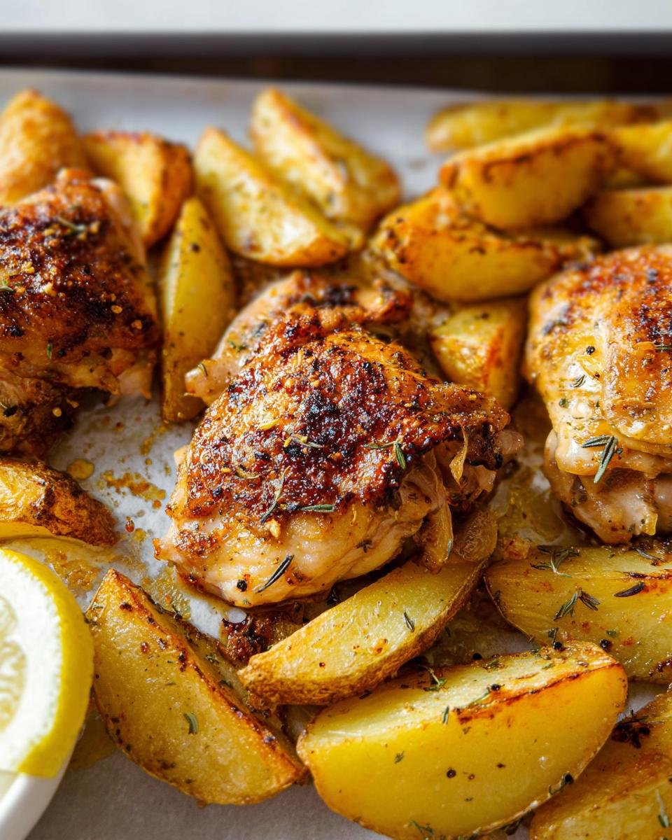 Close-up of crispy Sheet Pan Lemon Herb Chicken Thighs and Potatoes seasoned with herbs.