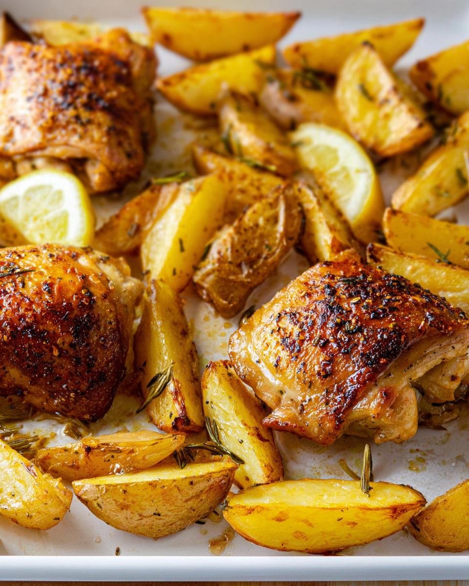 Close-up of crispy Sheet Pan Lemon Herb Chicken Thighs and Potatoes seasoned with herbs and lemon.