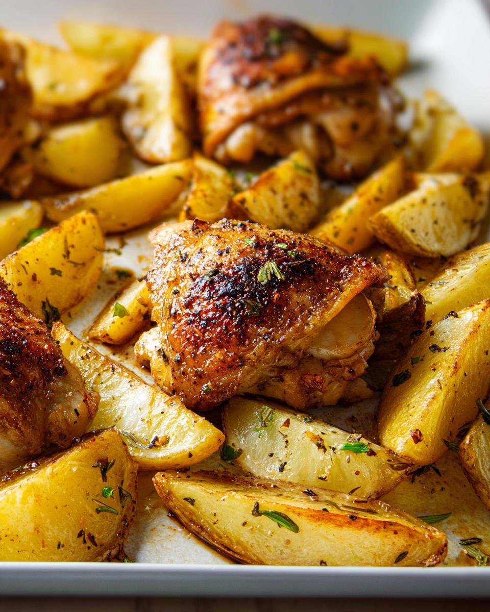 Close-up of crispy Sheet Pan Lemon Herb Chicken Thighs and Potatoes seasoned with herbs.