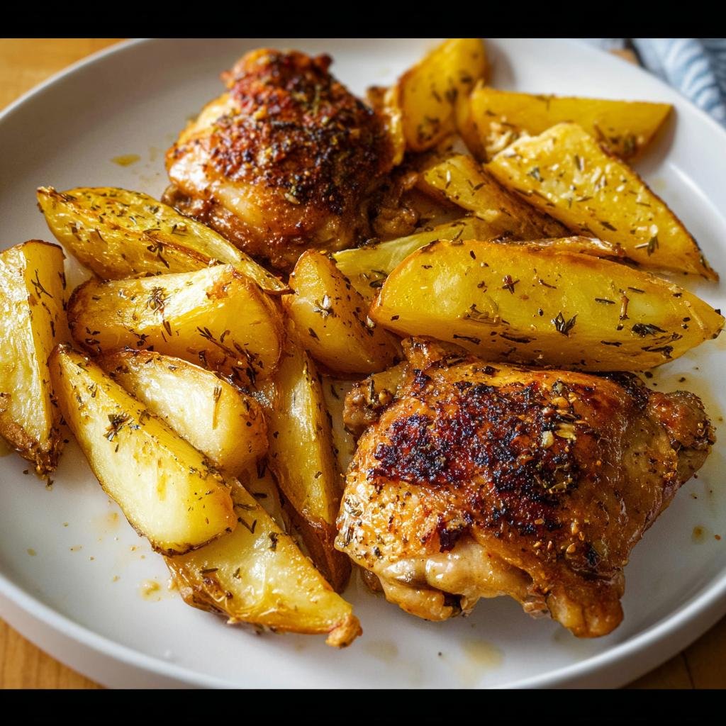 Two crispy Sheet Pan Lemon Herb Chicken Thighs and Potatoes served on a white plate.