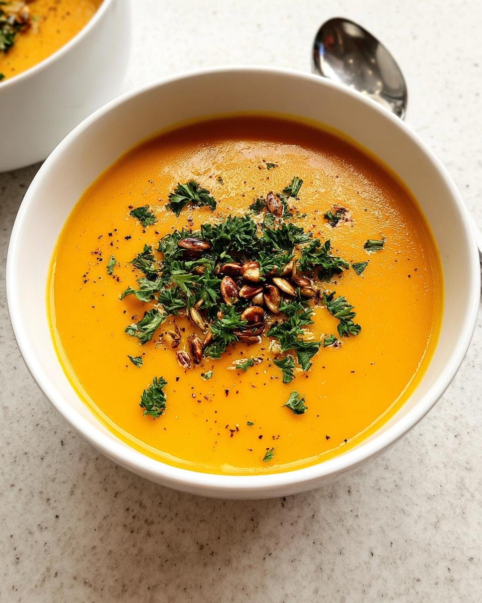 Close-up of a bowl of silky smooth Roasted Butternut Squash Soup, garnished with parsley and toasted seeds.