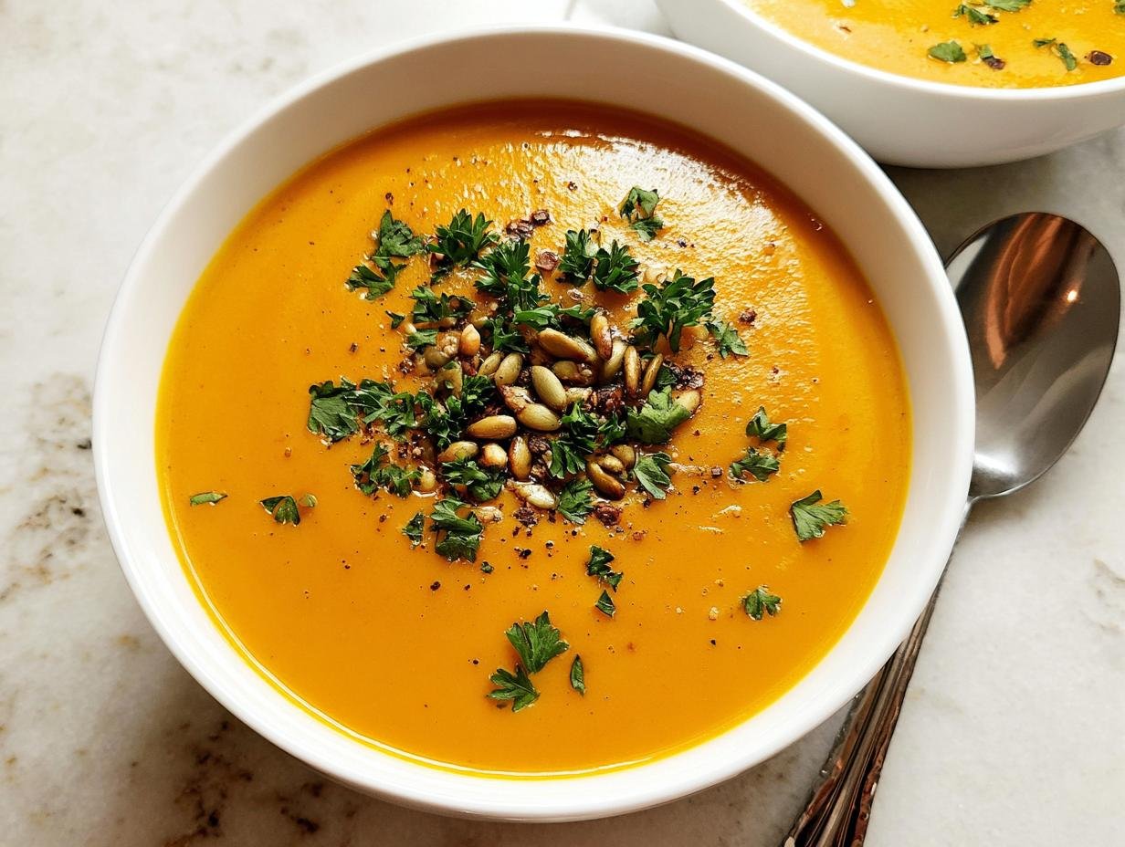 A close-up of a bowl of vibrant orange, silky smooth Roasted Butternut Squash Soup, topped with pine nuts and parsley.