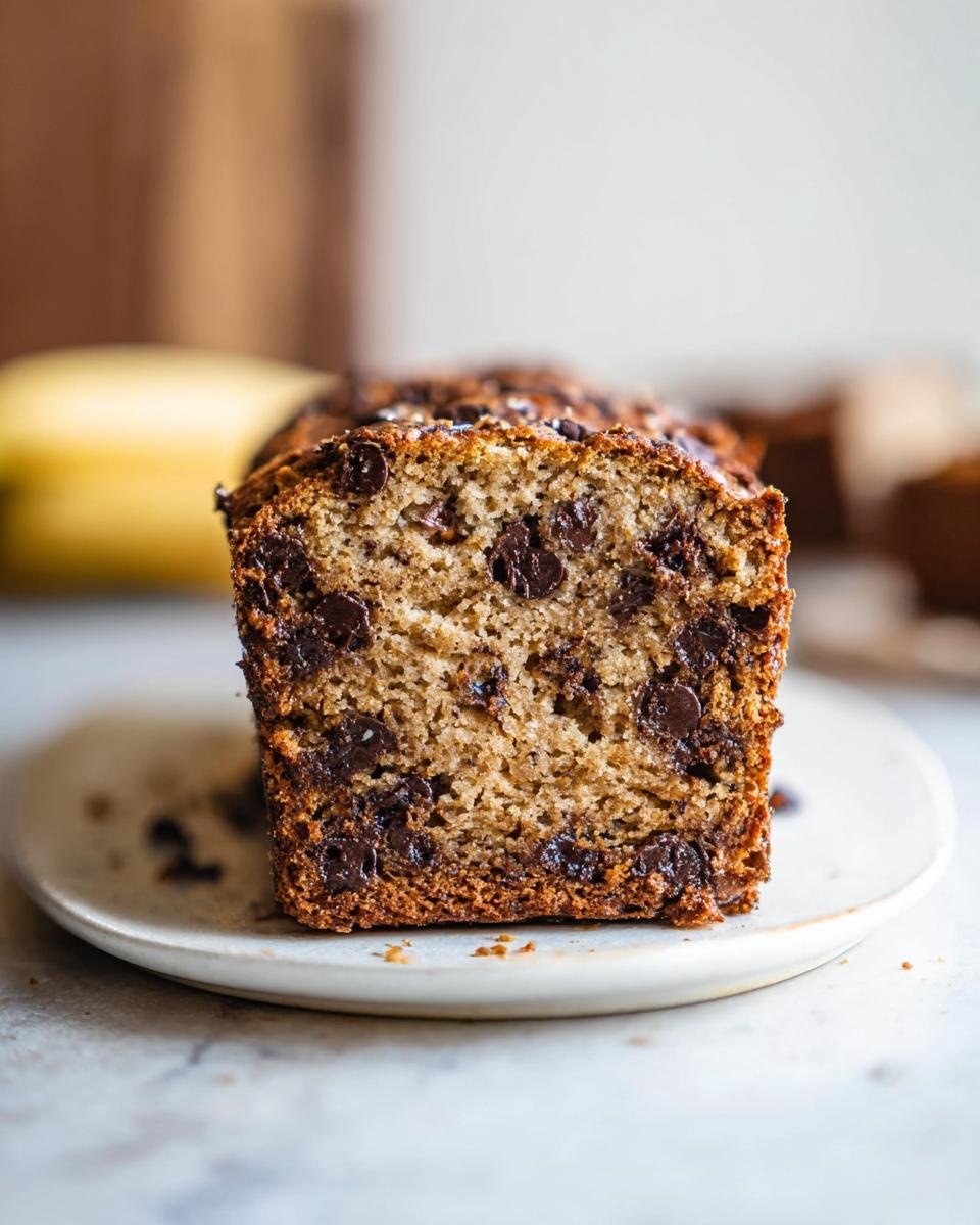 A close-up of a moist slice of simple chocolate chip banana bread on a plate.