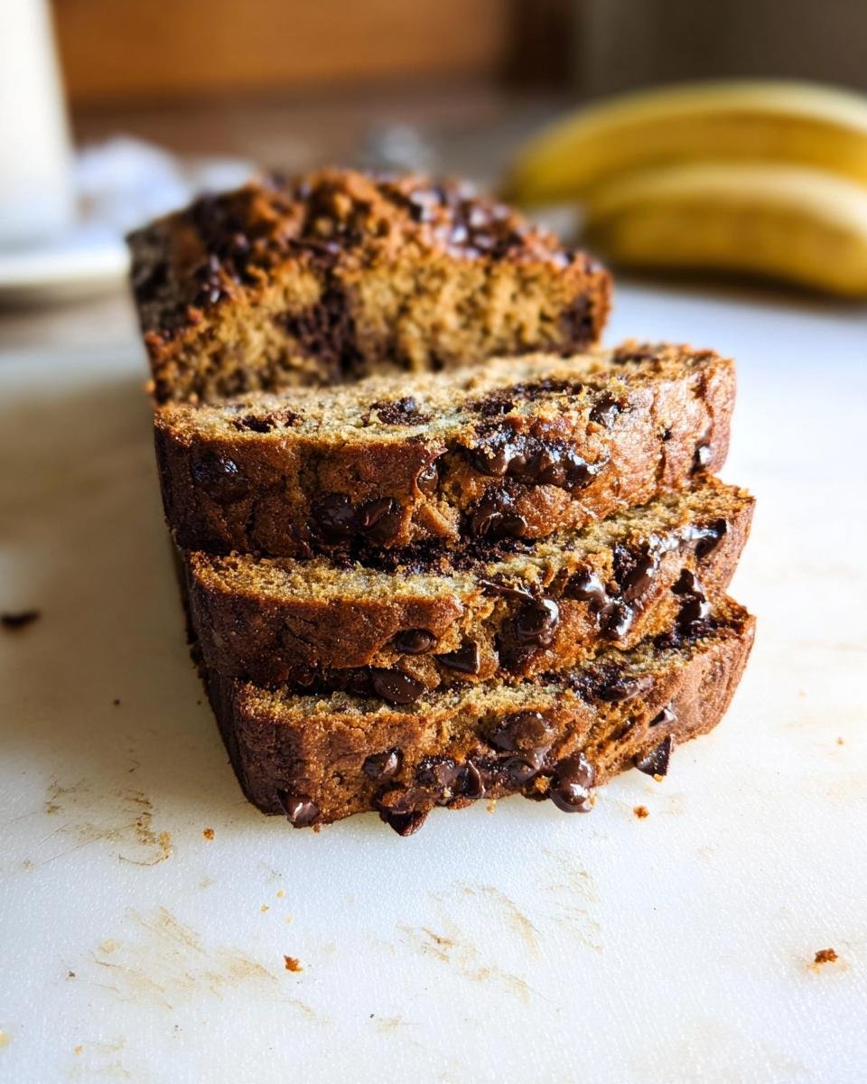 Close-up of three moist slices of chocolate chip banana bread stacked on a white cutting board.
