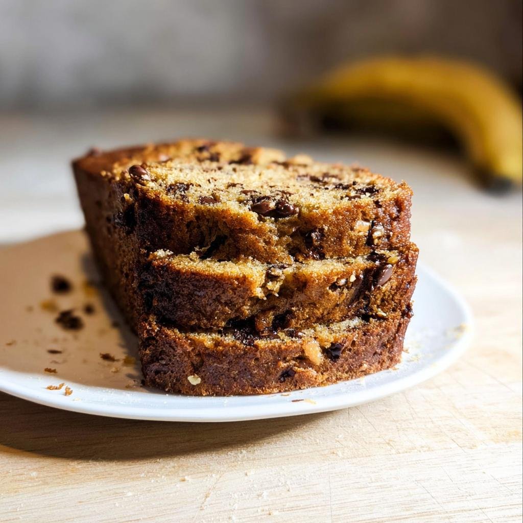 Three moist slices of chocolate chip banana bread stacked on a white plate.