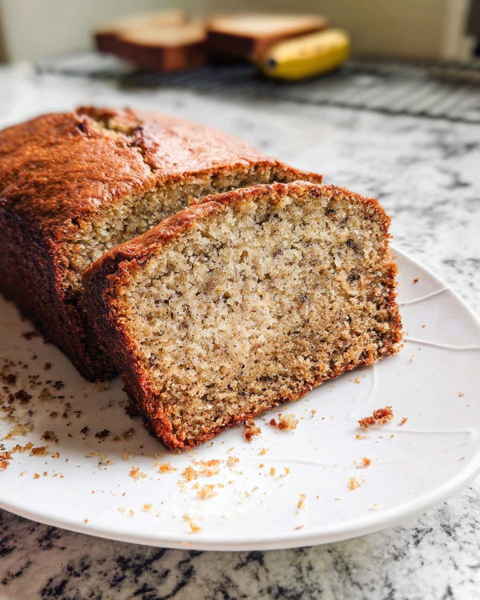A close-up of a slice of Simply Perfect Banana Bread Recipe on a white plate with crumbs.