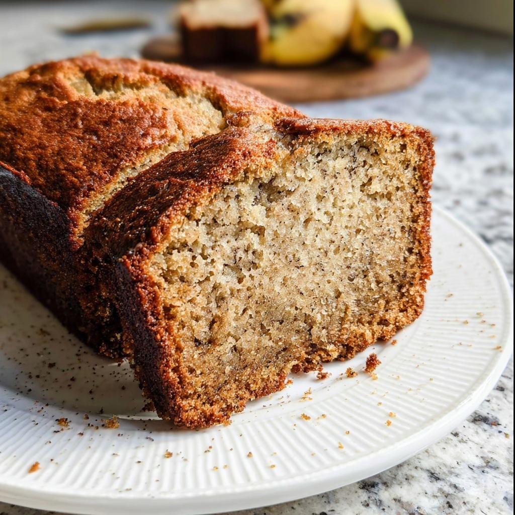 A close-up of a slice of Simply Perfect Banana Bread Recipe, showing its moist texture and golden-brown crust.