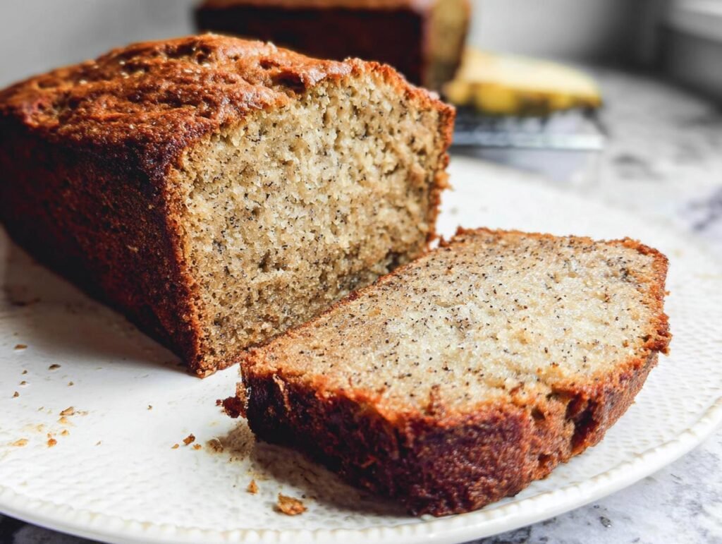 A close-up of a slice of Simply Perfect Banana Bread, showing its moist texture and dark crust.