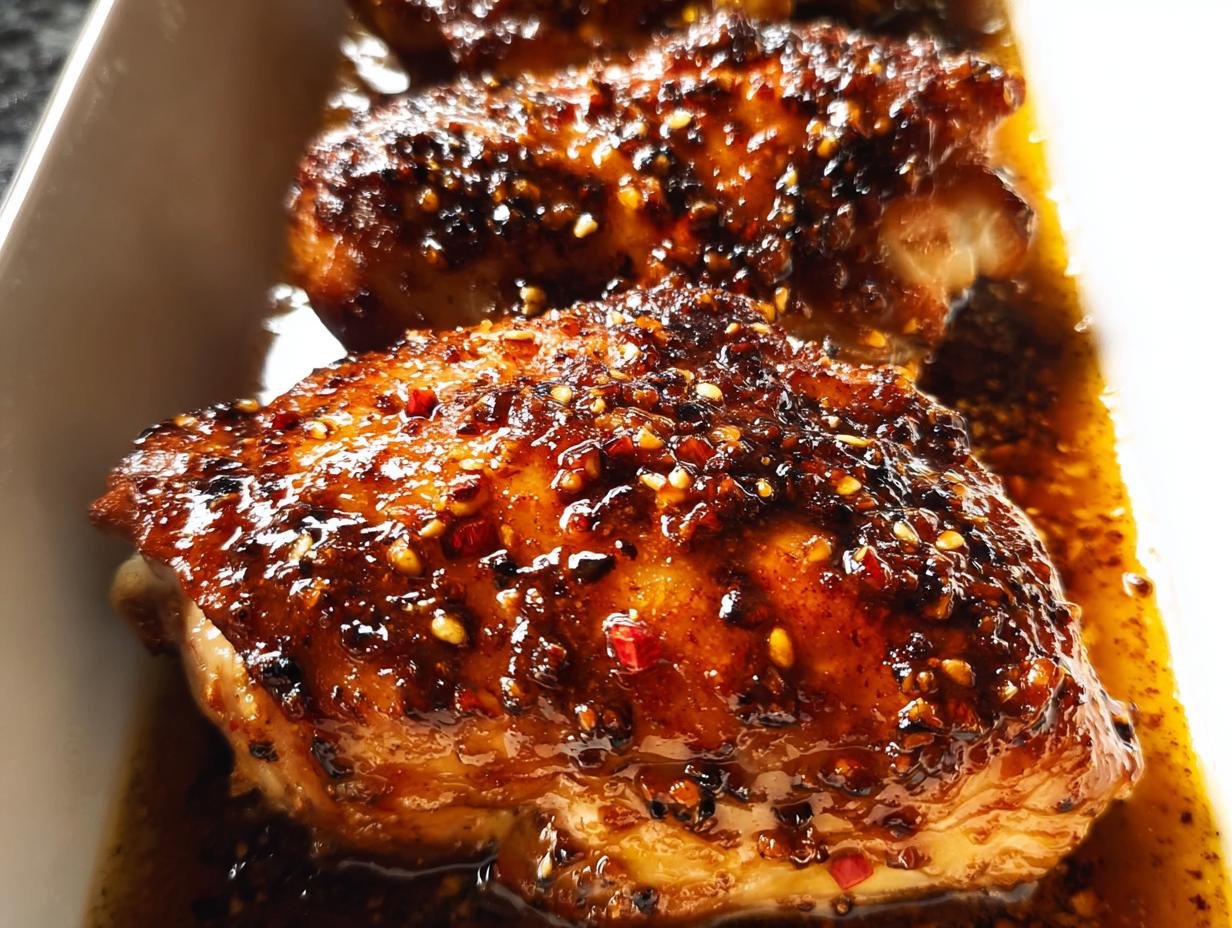 Close-up of juicy Skillet Honey Garlic Chicken Thighs covered in a thick, glossy, spicy glaze with visible sesame seeds.