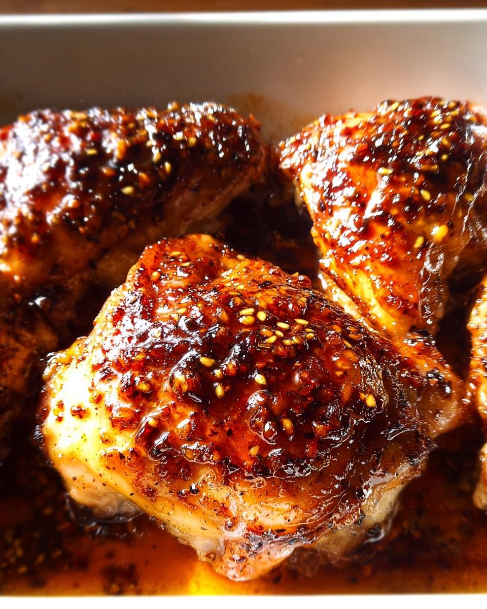 Close-up of juicy Skillet Honey Garlic Chicken Thighs coated in a thick, shiny glaze and sesame seeds.