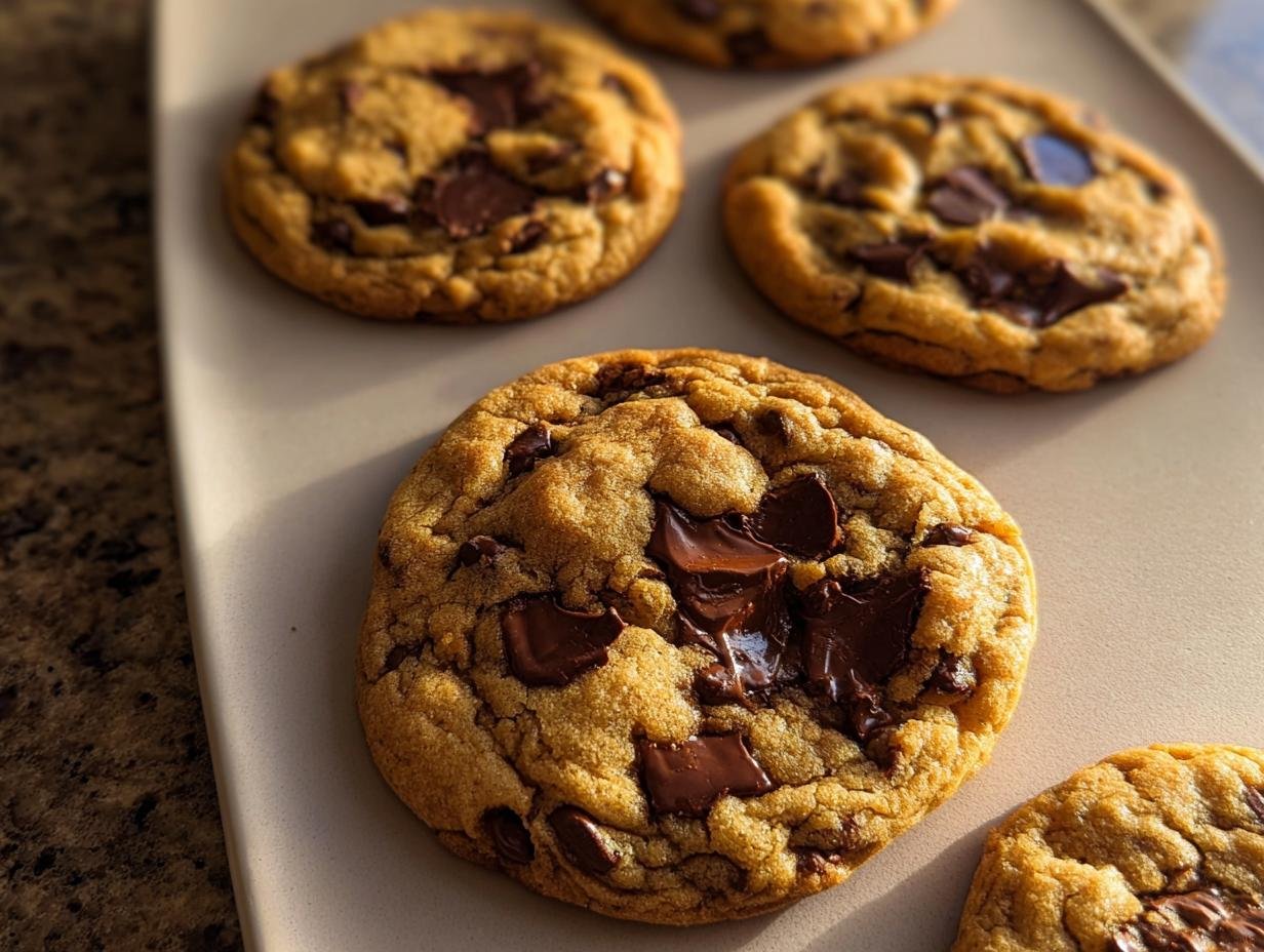 Close-up of gooey Small Batch Chocolate Chip Cookies cooling on a light tray.