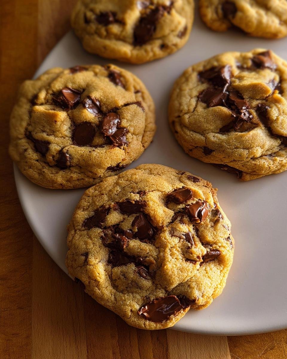 Close-up of several gooey Small Batch Chocolate Chip Cookies with melted chocolate chunks on a white plate.