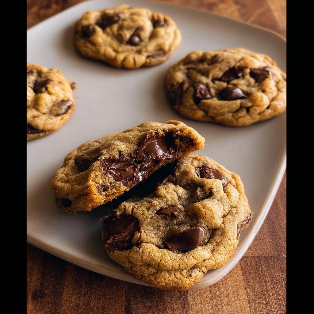 Close-up of gooey Small Batch Chocolate Chip Cookies, one broken open to show melted chocolate.