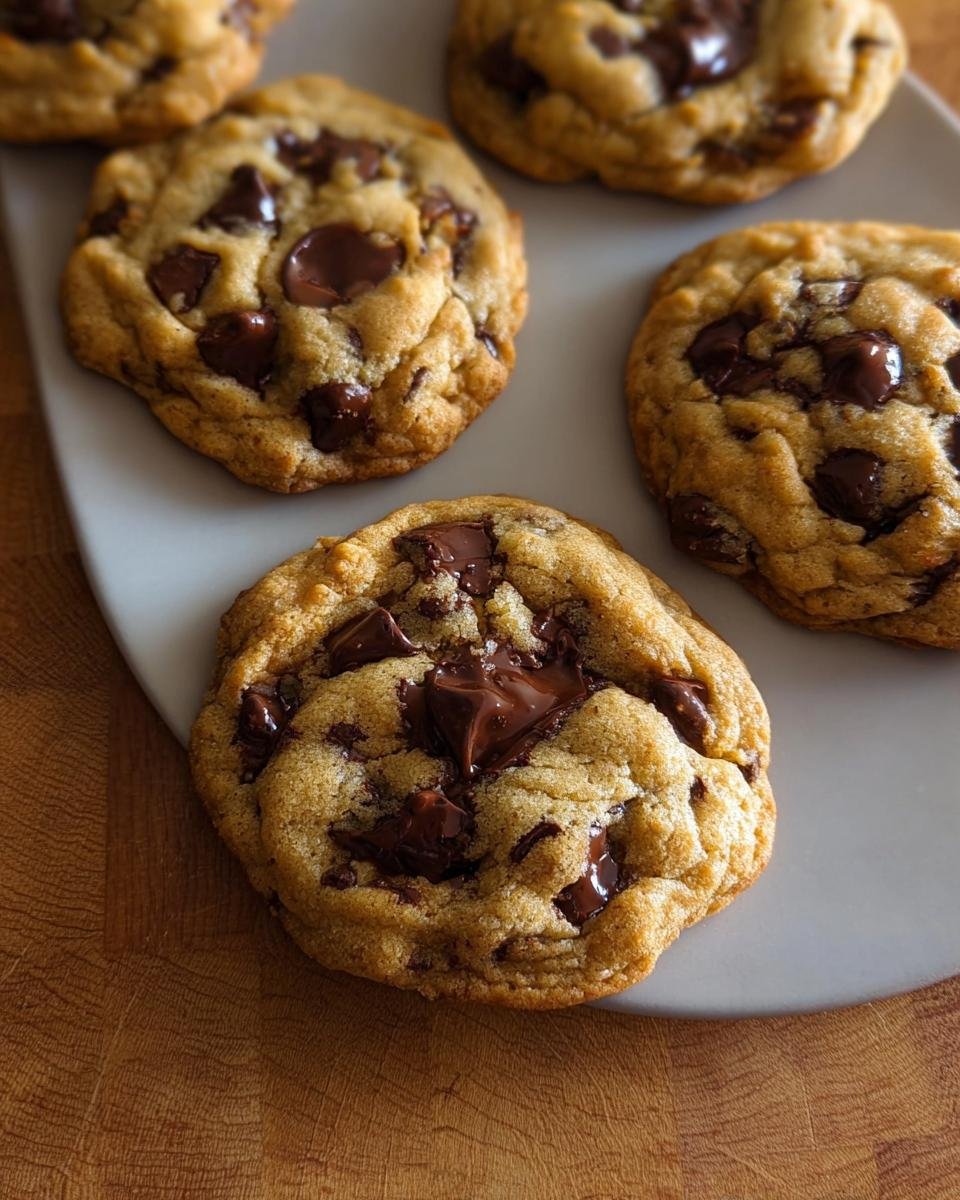 Close-up of several gooey Small Batch Chocolate Chip Cookies Makes Six on a light gray platter.